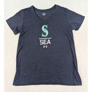 Under Armour Seattle Mariners Shirt Women's L HeatGear V-Neck Blue Short Sleeve